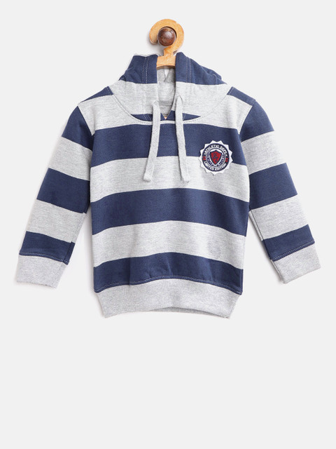 

Palm Tree Boys Navy Blue & Grey Melange Striped Hooded Sweatshirt