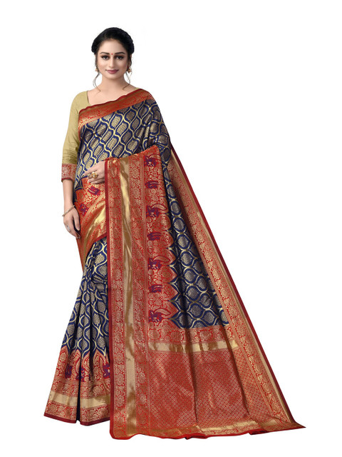 

eshami Navy Blue & Red Floral Zari Pure Cotton Saree