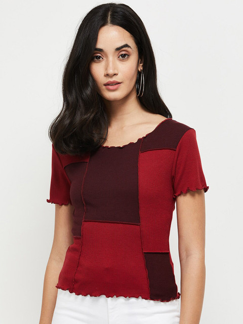 

max Red Colourblocked Ribbed Top
