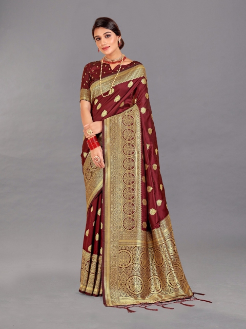 

VEERAX Maroon & Gold-Toned Floral Zari Pure Silk Banarasi Saree