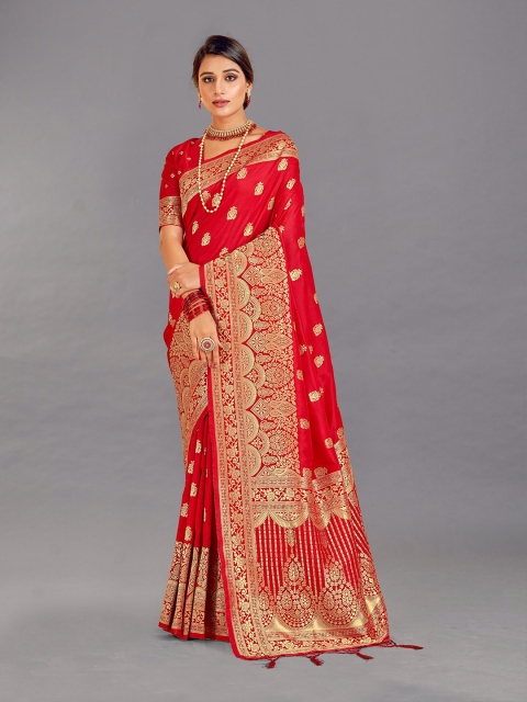 

VEERAX Red & Gold-Toned Floral Zari Pure Silk Banarasi Saree