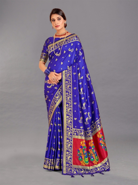 

VEERAX Blue & Gold-Toned Floral Zari Pure Silk Banarasi Saree