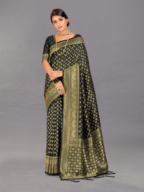 

VEERAX Black & Gold-Toned Ethnic Motifs Pure Silk Banarasi Saree