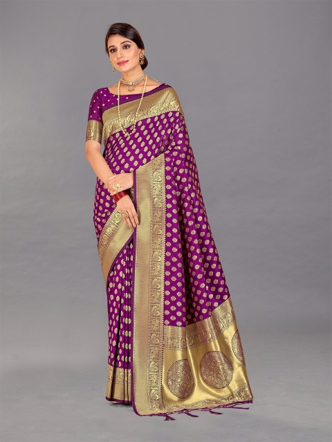 

VEERAX Purple & Gold-Toned Floral Zari Pure Silk Banarasi Saree