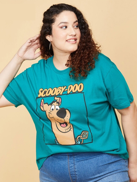 

max Women Plus Size Teal & Yellow Scooby Doo Printed Pure Cotton T-shirt