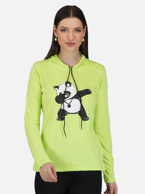 

BASE 41 Women Fluorescent Green Panda Printed Hooded T-shirt