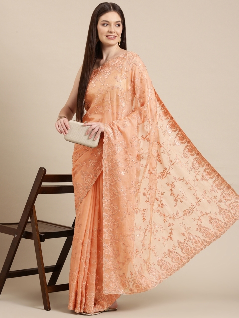 

MOHEY Peach-Coloured Ethnic Motifs Embroidered Organza Saree
