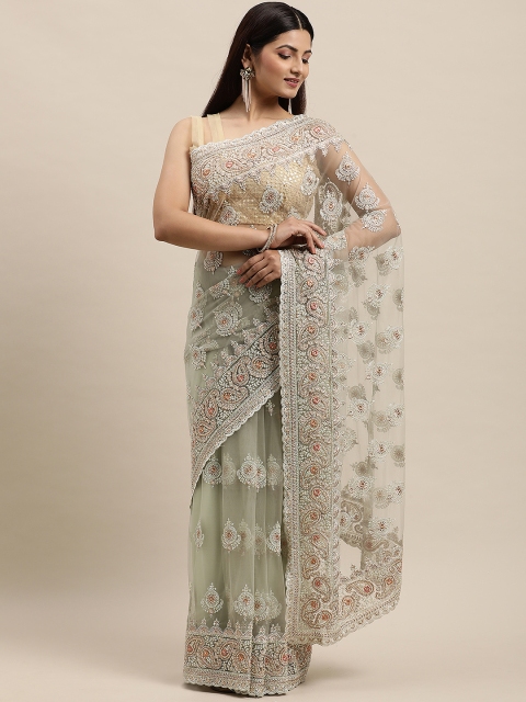 

MOHEY Grey & Gold Ethnic Motifs Embroidered Net Saree