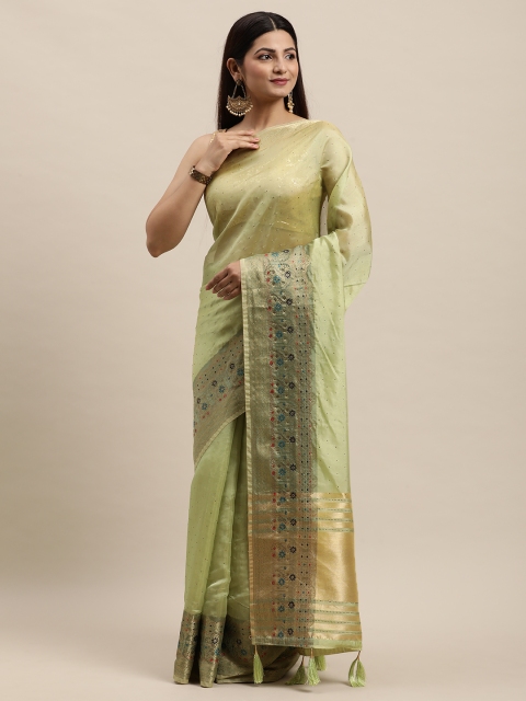 

MOHEY Green Ethnic Motifs Beads and Stones Silk Blend Saree