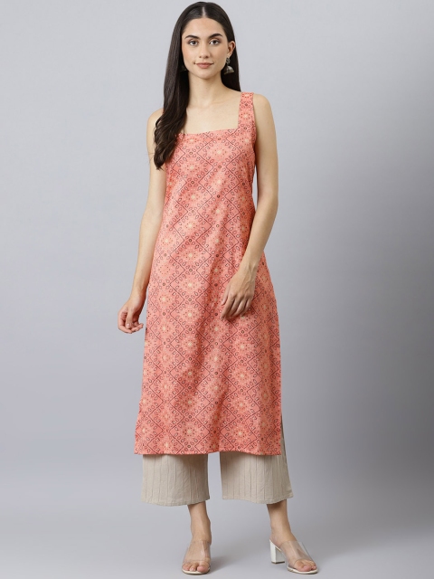 

Lagashi Women Red Geometric Printed Thread Work Kurta, Peach