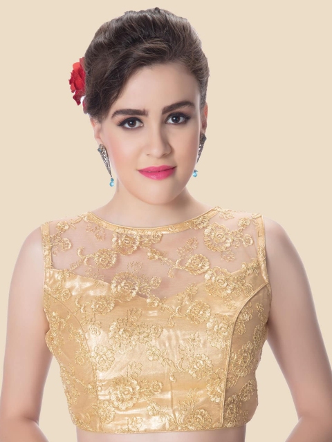 

Neckbook Women Gold Silk Full Net Padded Princess Cut Sleeveless Readymade Saree Blouse