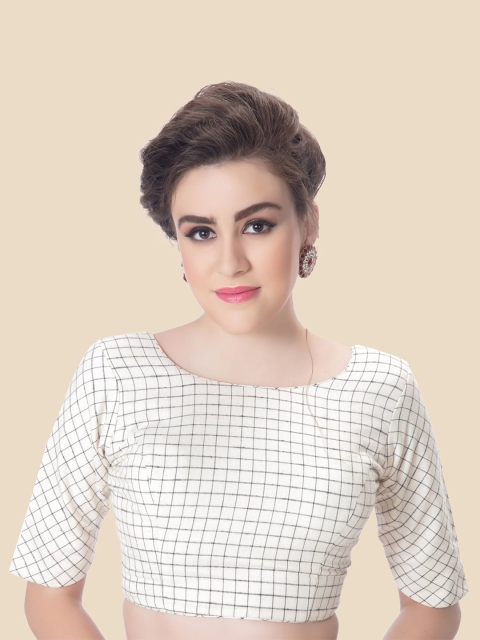 

neckbook White & Black Checked Printed Cotton Padded Saree Blouse