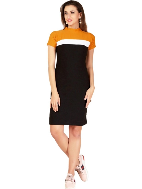

SWEETPEL Yellow Colourblocked T-shirt Body Cone Midi Dress