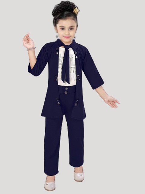 

Elendra jeans Girls Blue & White Embellished Top with Trousers & Waistcoat