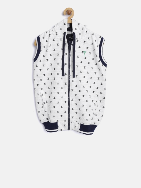 

Palm Tree Boys White & Navy Blue Printed Hooded Bomber Jacket, Grey melange