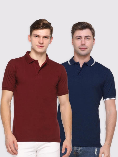 

Kanvin Pack Of 2 Men Maroon & Blue Polo Collar T-shirt