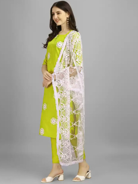 

mf Women Lime Green & White Floral Embroidered Thread Work Kurta with Trouser & Dupatta