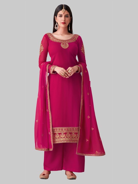 

Ethnic Yard Pink & Gold-Toned Semi-Stitched Dress Material
