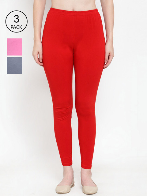 

GRACIT Women Pack of 3 Solid Ankle Length Leggings, Red