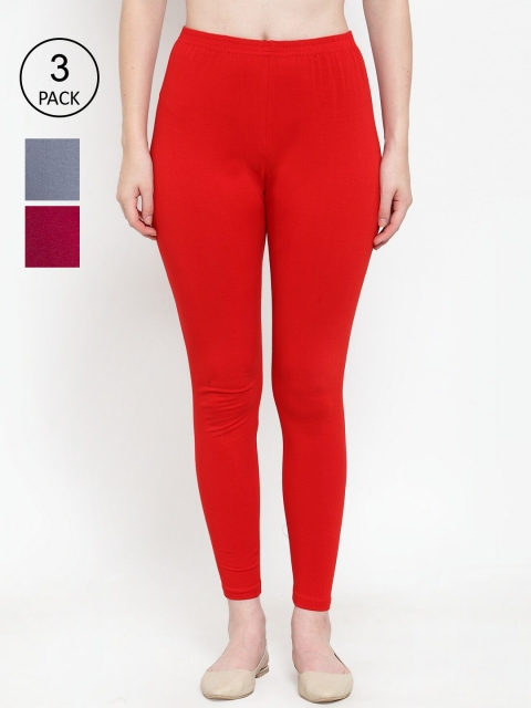 

GRACIT Women Pack Of 3 Solid Ankle Length Leggings, Red