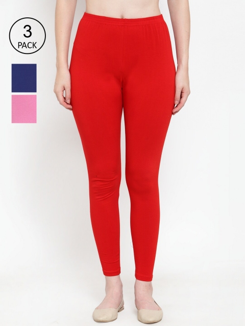 

GRACIT Women Pack Of 3 Red & Blue Solid Ankle Length Leggings