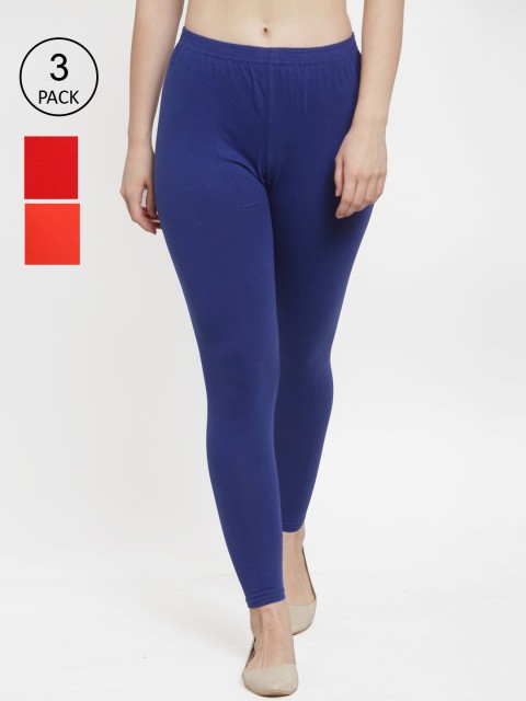 

GRACIT Women Pack Of 3 Blue Red & Orange Solid Ankle Length Leggings