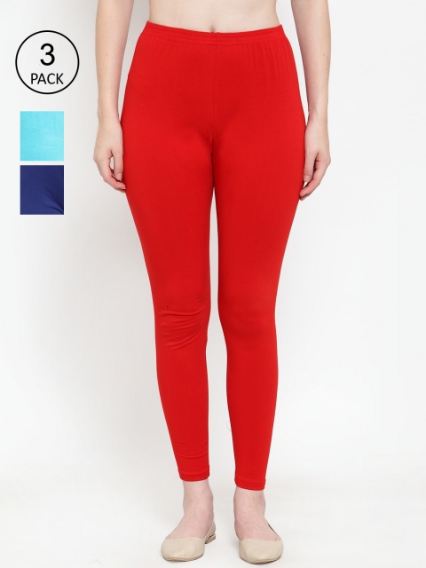 

GRACIT Women Red Blue Aqua Pack Of 3 Solid Ankle-Length Leggings