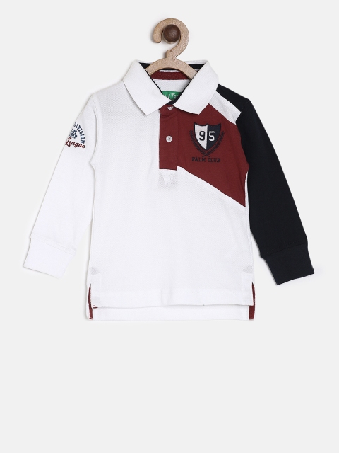 

Palm Tree Boys White & Maroon Printed & Colourblocked Polo Collar T-shirt