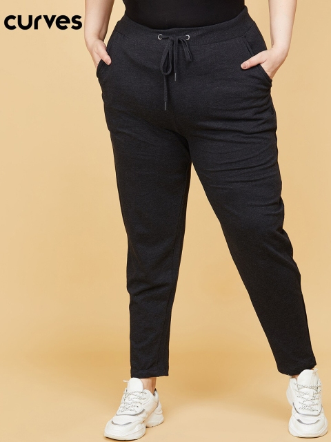 

max Women Plus Size Charcoal Black Solid Cotton Regular Fit Track Pants