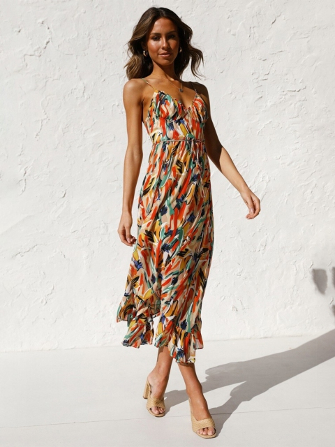 

La Aimee Orange Floral A-Line Midi Dress