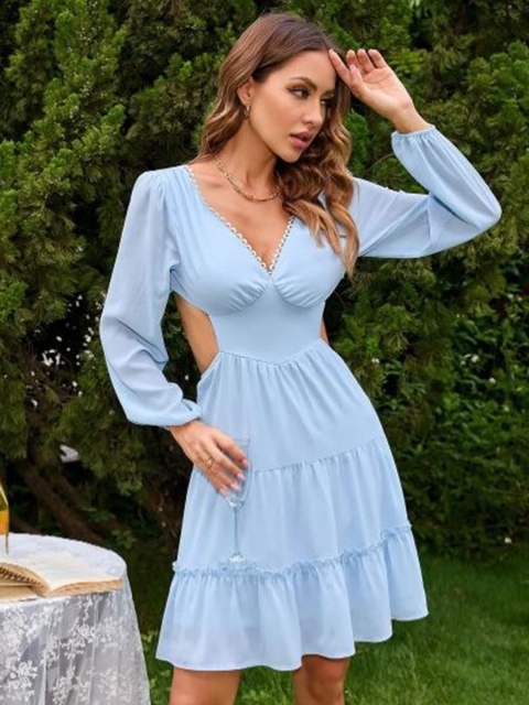 

La Aimee Women Blue V Neck Tiered Dress