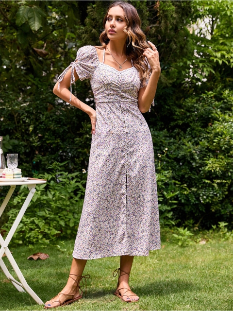 

La Aimee Mauve & White Floral A-Line Midi Dress
