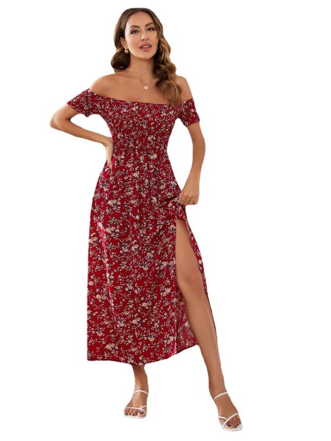 

La Aimee Maroon Floral Off-Shoulder Maxi Dress