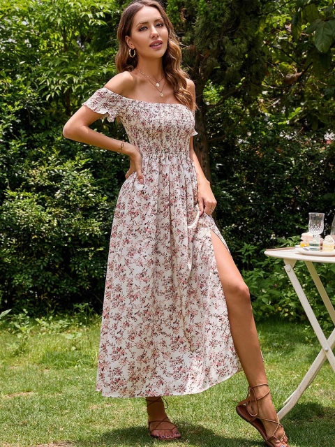 

La Aimee Grey Floral Off-Shoulder Maxi Midi Dress