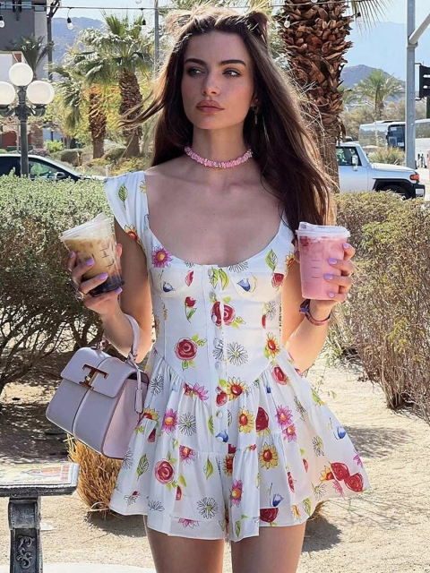 

La Aimee White & Red Floral Printed Dress
