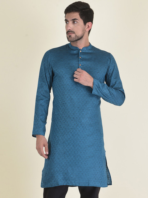 

DEYANN Men Navy Blue Geometric Jacquard Kurta