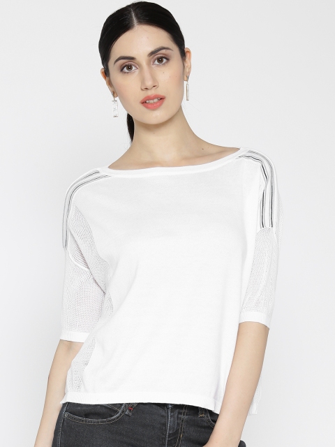 United Colors of Benetton Women White Solid Boxy Pure Cotton Top