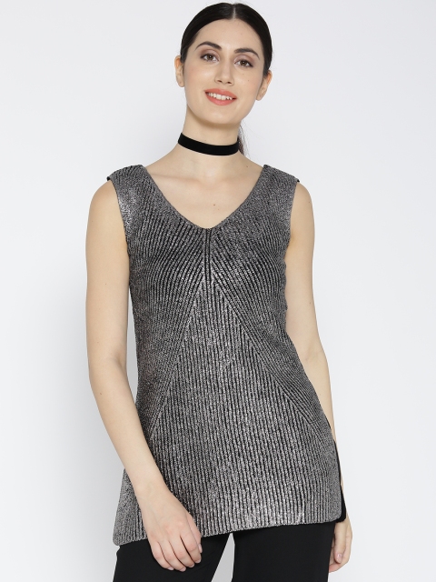 

United Colors of Benetton Women Silver Striped Shimmer Top