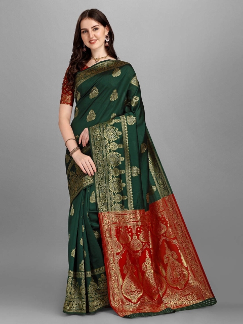 

Fashionuma Women Green & Red Woven Design Zari Saree