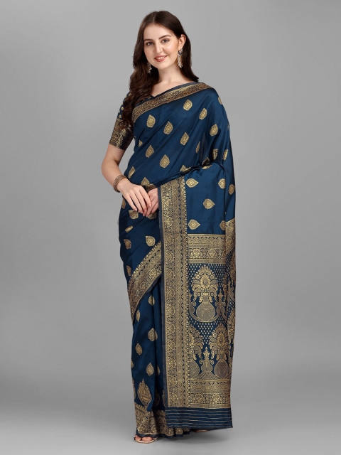 

Fashionuma Women Blue & Gold-Toned Ethnic Motifs Zari Silk Blend Saree