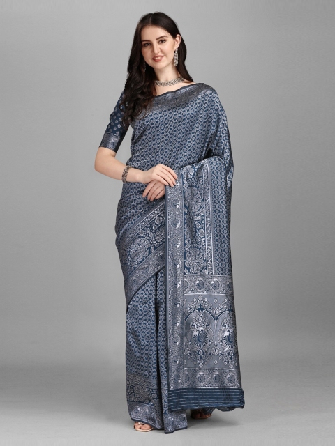 

Fashionuma Navy Blue & Silver-Toned Ethnic Motifs Zari Banarasi Saree
