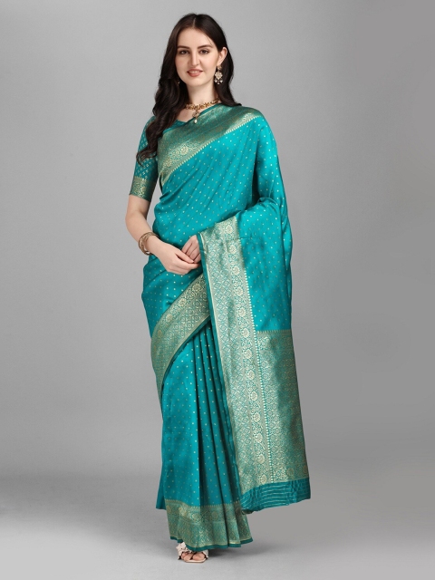 

Fashionuma Women Turquoise Blue & Gold-Toned Woven Design Saree