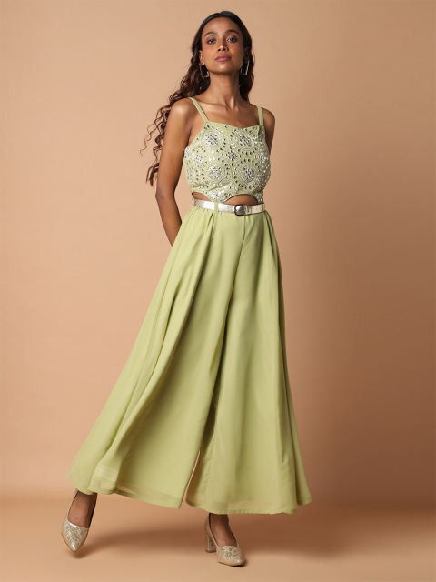 

KHWAABI Women Green Basic Embroidered Jumpsuit