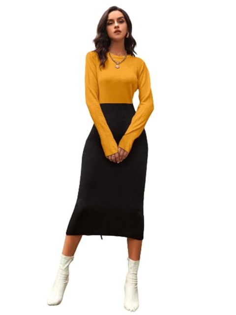 

SWEETPEL Women Yellow and Black Bodycon Midi Dress