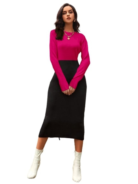 

SWEETPEL Pink & Black Colourblocked Sweater Midi Dress