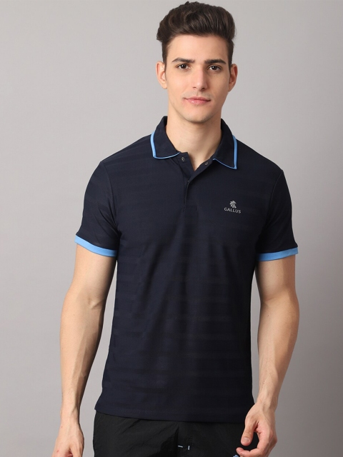 

Gallus Men Navy Blue & Blue Striped Polo Collar Dri-FIT Slim Fit T-shirt