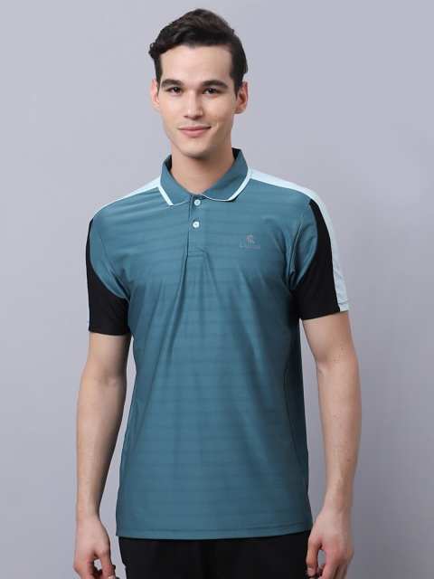 

Gallus Men Blue Striped Polo Collar Dri-FIT Slim Fit T-shirt