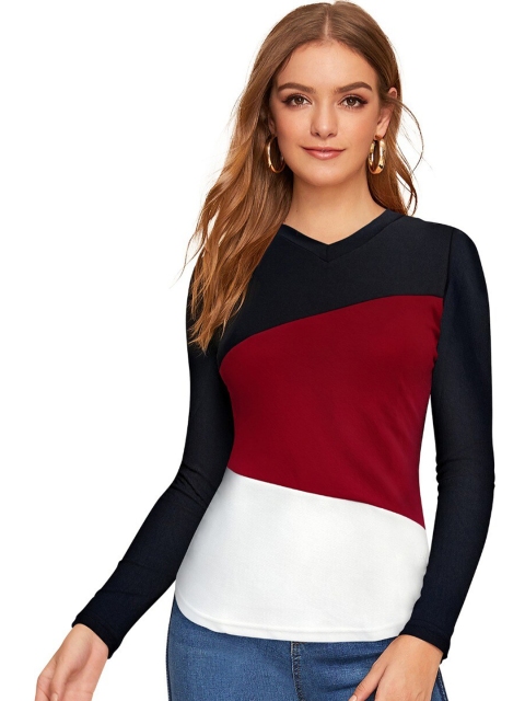 

FAVRIZ Women Maroon & White Colourblocked Top