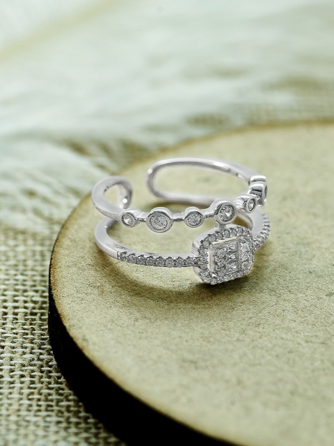 

SILBERRY Women Rhodium-Plated Silver-Toned & CZ Stone Studded Finger Ring