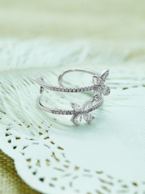 

SILBERRY Rhodium-Plated 925 Sterling Silver CZ Studded Adjustable Finger Ring